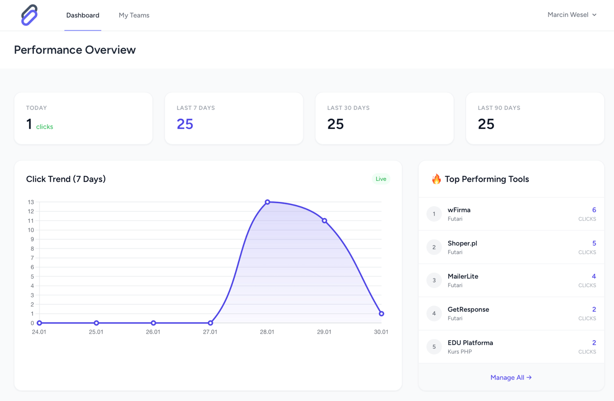 AffiManager Dashboard - Monitorowanie linków i analityka